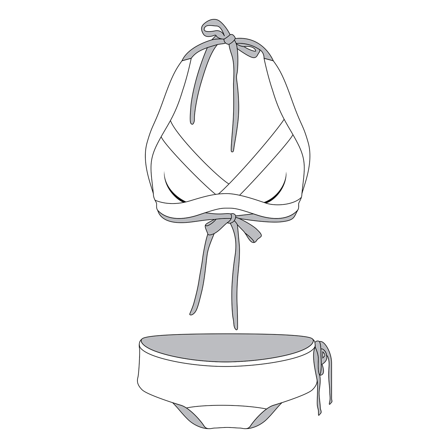Minimalist vector line drawing of a halter-style bikini top and matching bottoms with tie details.
