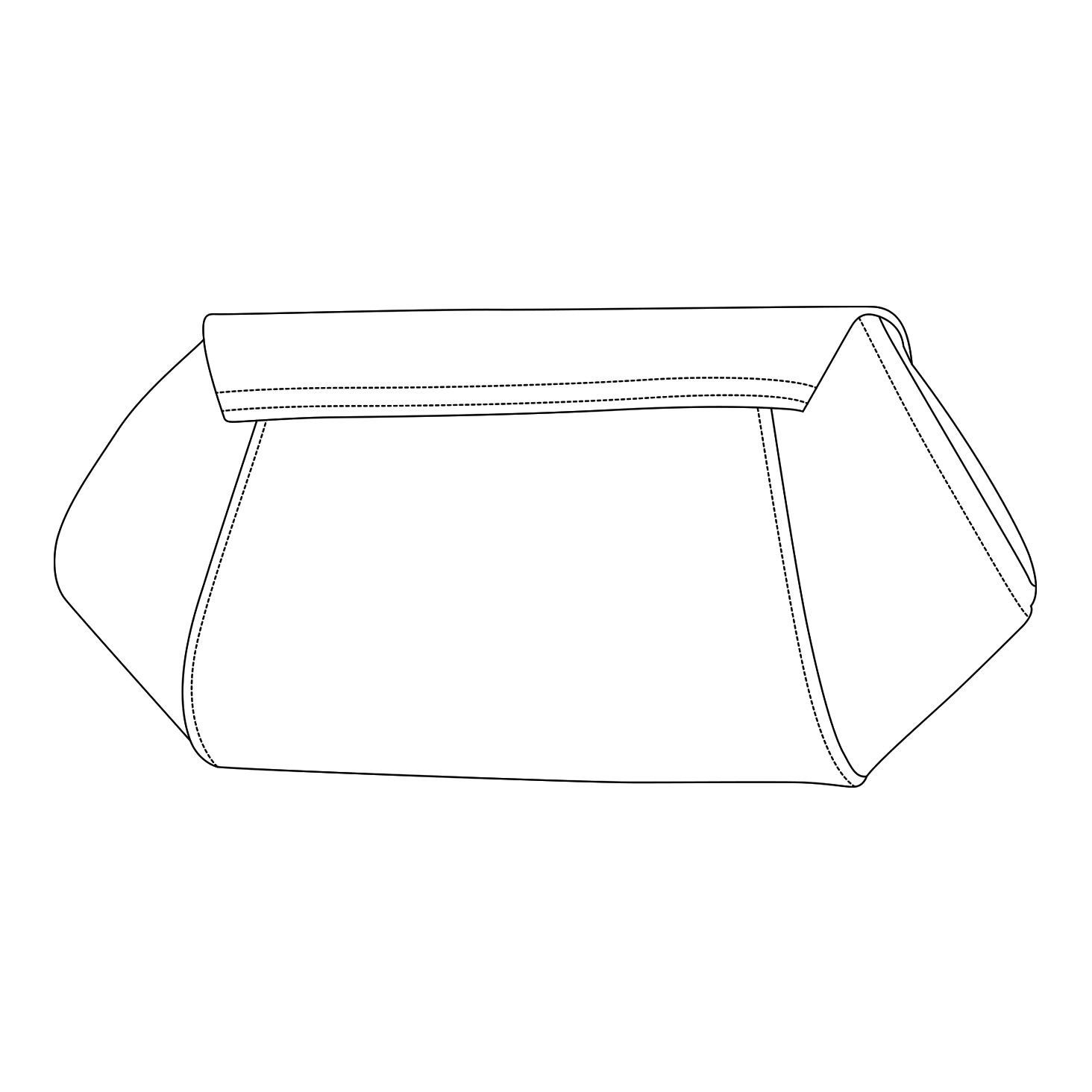 Black-and-white vector line drawing of a geometric-shaped purse with clean stitching details.