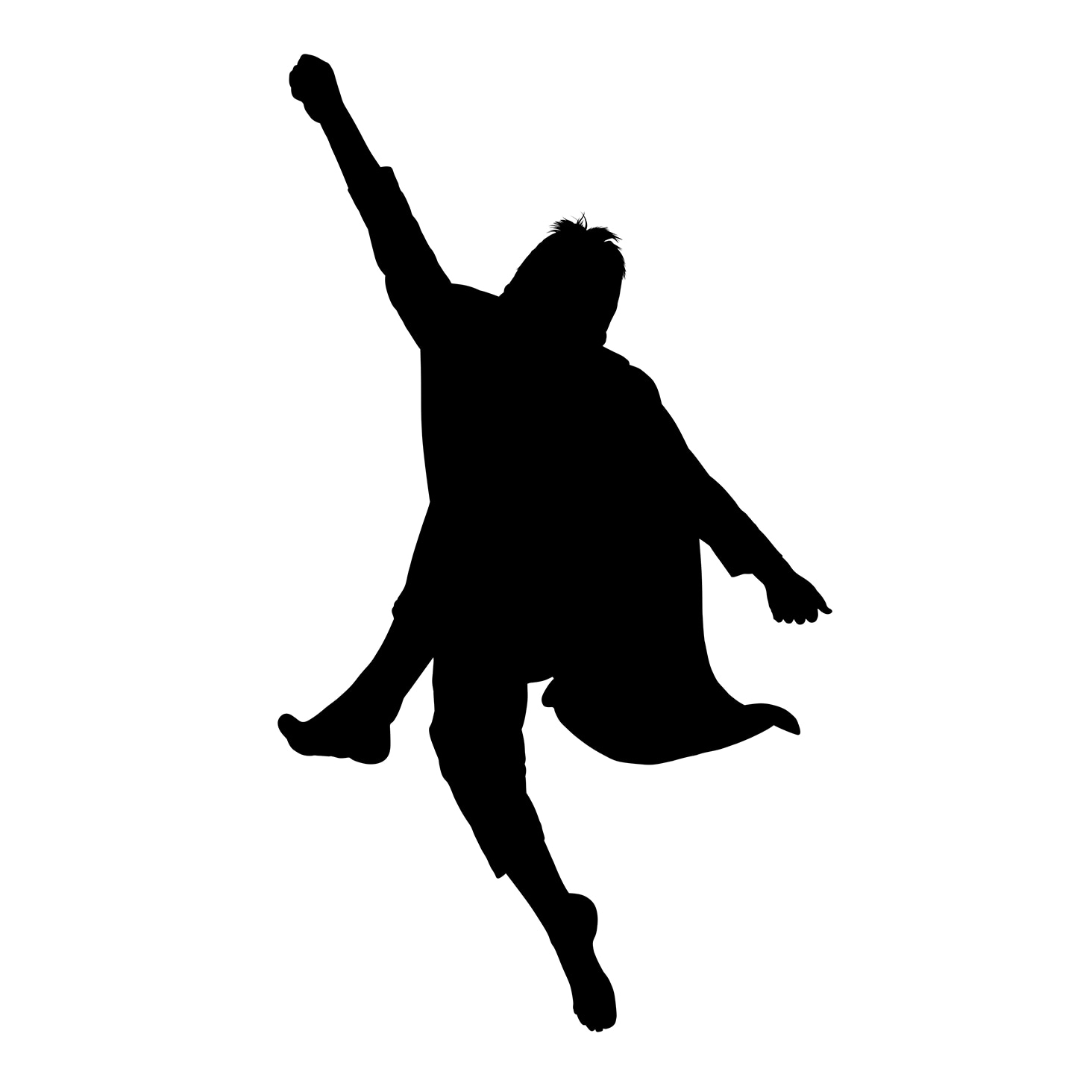 Silhouette of a person in a dynamic jumping pose with an outstretched arm and flowing cape.