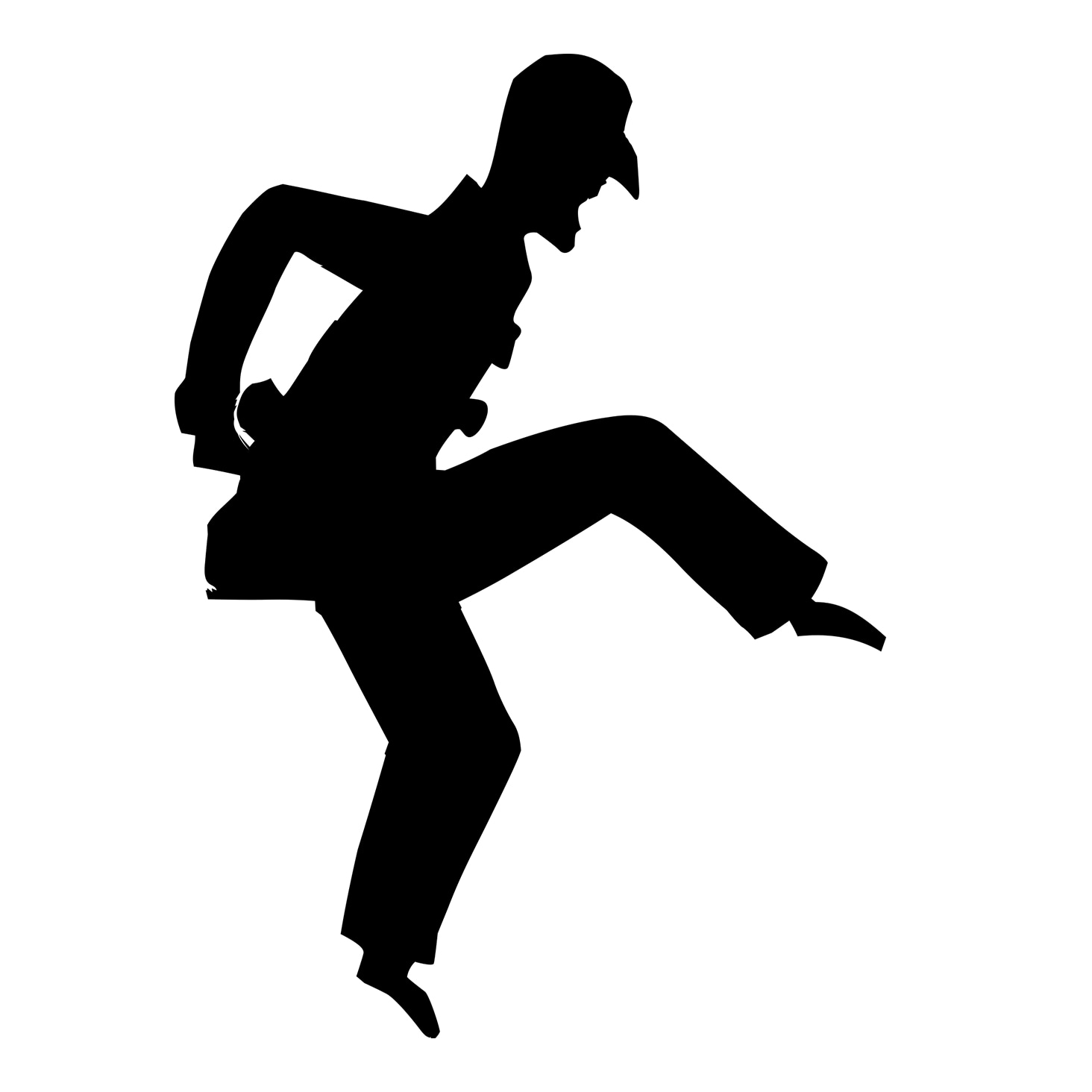 Silhouette of a person in mid-leap with bent legs and arms positioned dynamically.