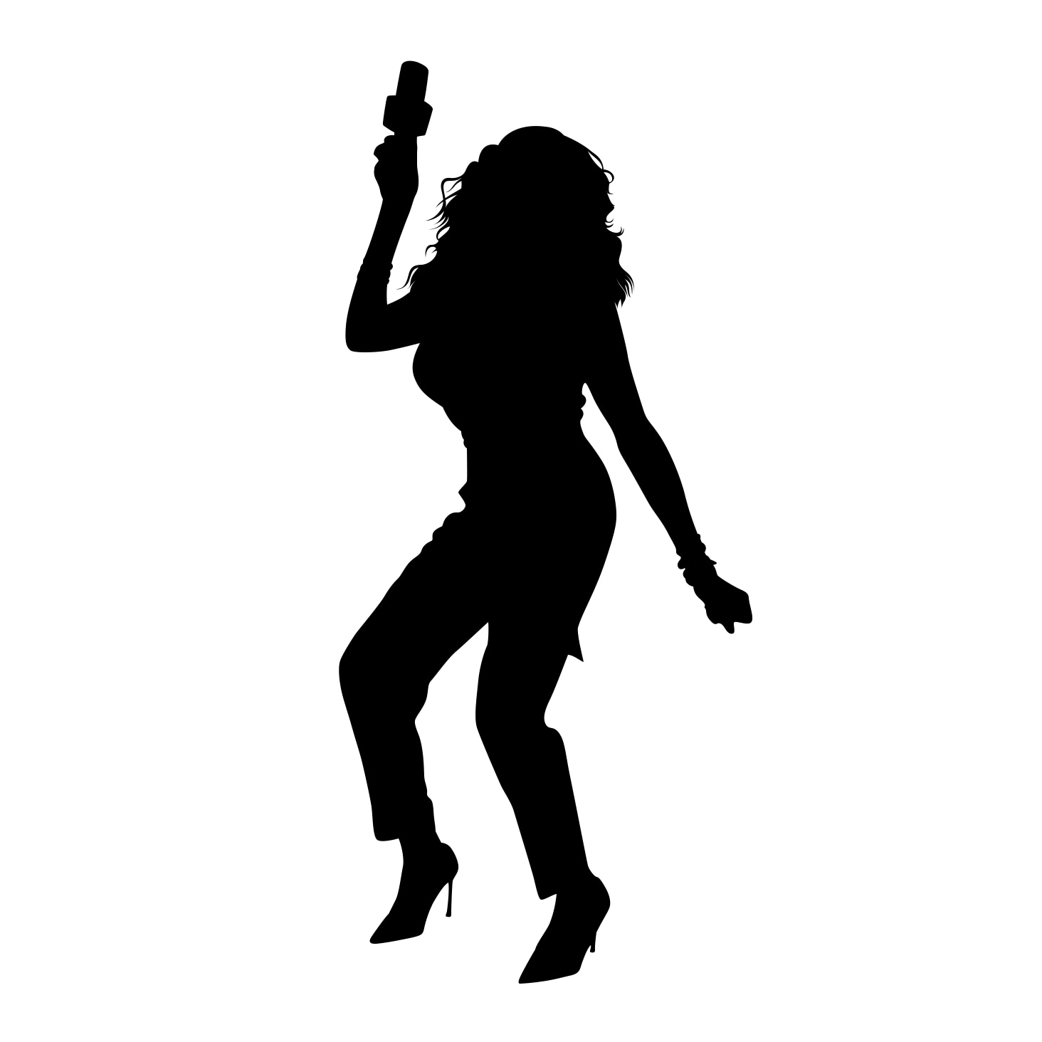 Silhouette of a woman in high heels holding a microphone, posing dynamically.