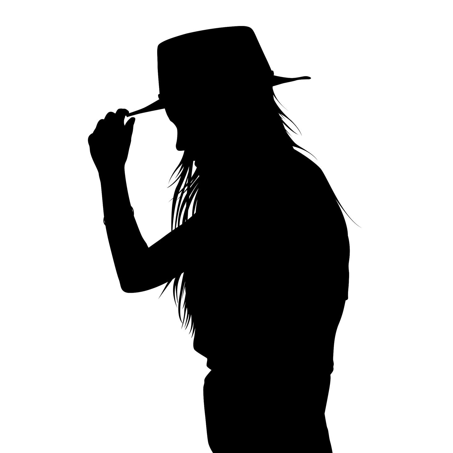 Silhouette of a woman tipping a hat, with long hair and a relaxed pose.