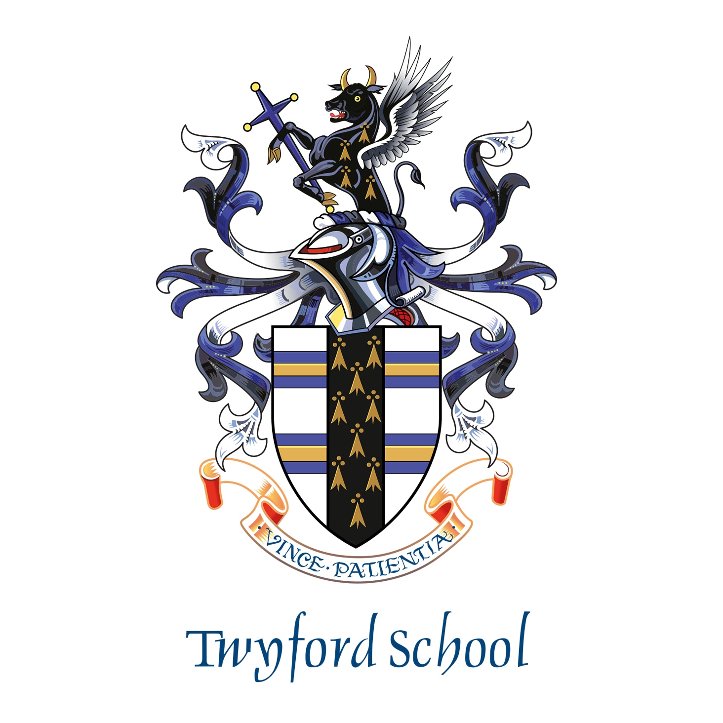 Twyford School crest logo with shield, knight, and intricate design, shown with sharp detail after vector conversion.