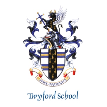 Twyford School crest logo with shield, knight, and ornate design, shown before vector conversion editing.