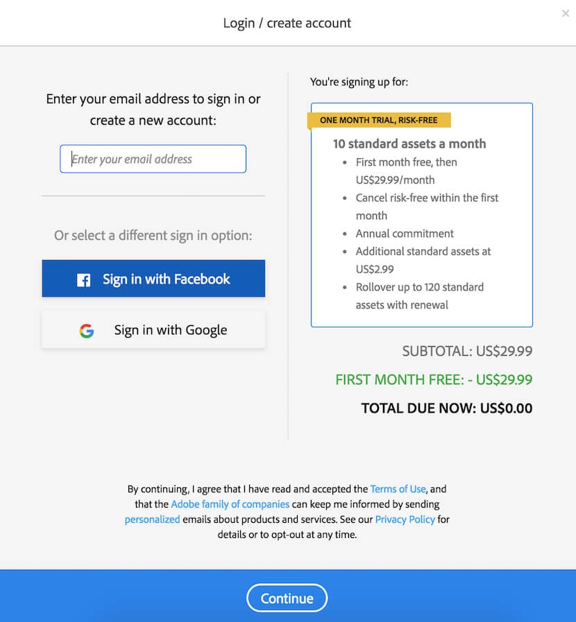 Adobe Stock sign-up page offering one-month free trial for 10 standard assets per month