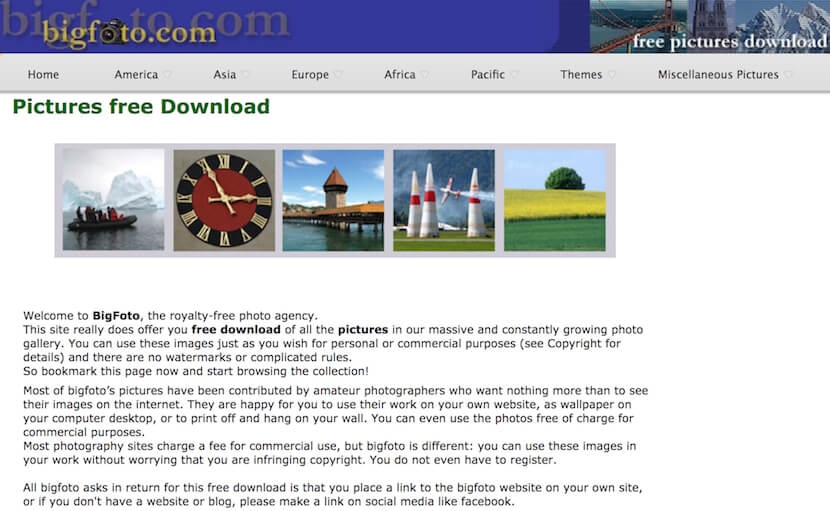 BigFoto website offering free royalty-free images for personal and commercial use, featuring diverse image categories