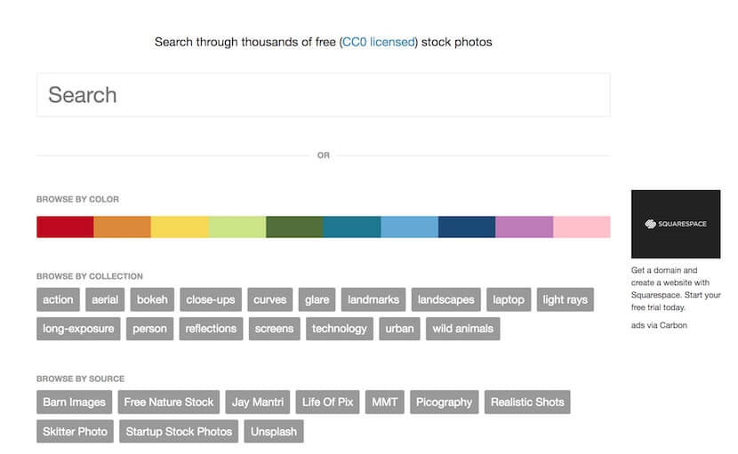 FindA.Photo search interface with options to browse free CC0 photos by color, collection, or source