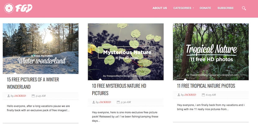 Free Goodies for Designers website offering curated packs of free HD nature photos, including winter and tropical themes