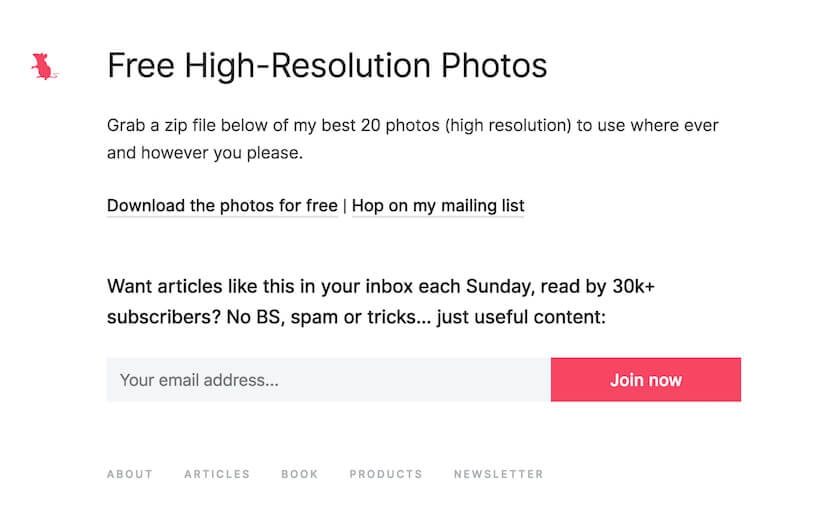 Paul Jarvis offers a zip file of 20 free high-resolution photos for unrestricted use, with email sign-up option