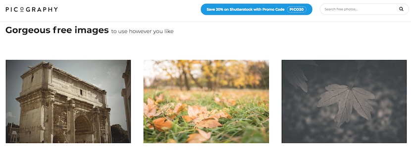 Picography homepage with free images for personal or commercial use, including nature and architecture