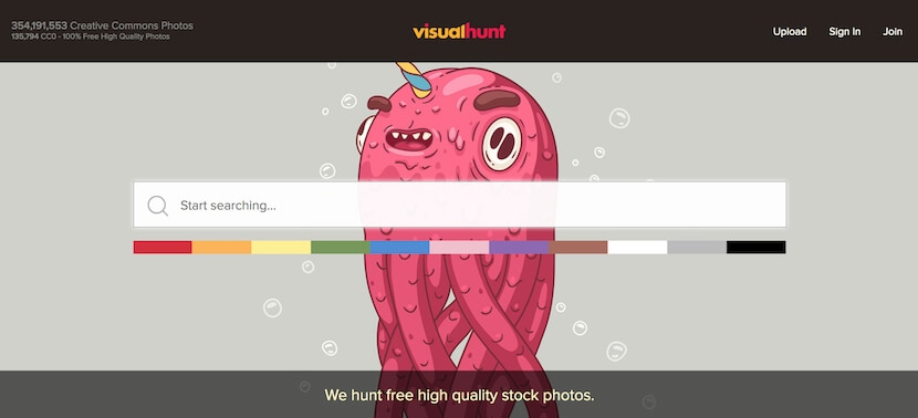 Visual Hunt homepage with search bar for free Creative Commons photos, featuring colorful cartoon character