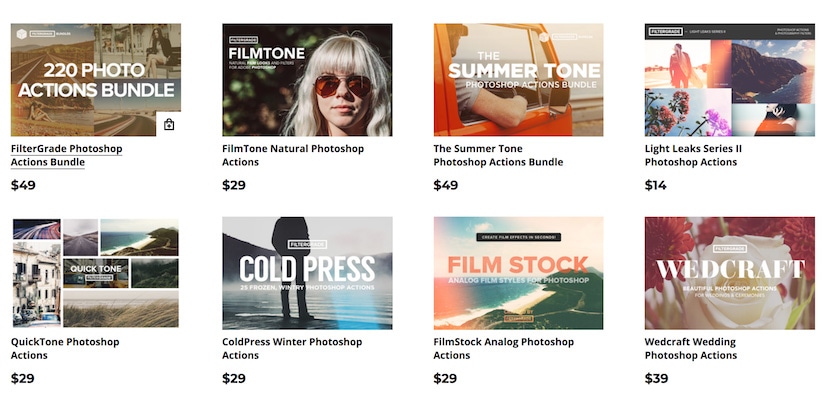 Selection of Photoshop actions bundles, including filters for vintage, film, summer, and wedding photography styles.