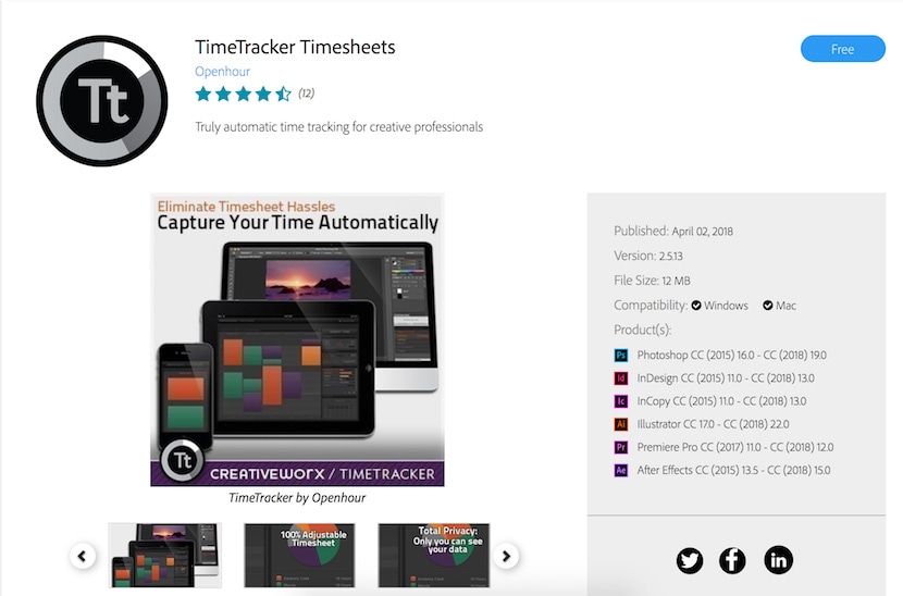 TimeTracker Timesheets by Openhour, a plugin for automatic time tracking compatible with Adobe Creative Cloud apps.