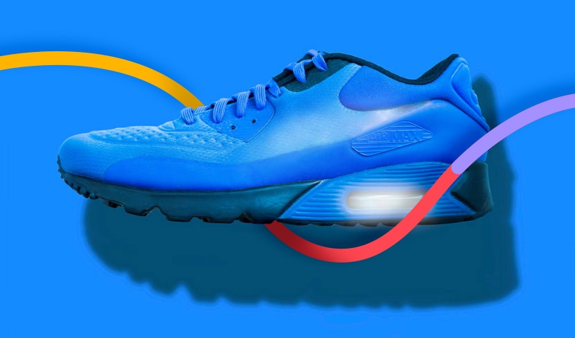 Blue sneaker product photo with hard shadow effect and colorful graphic overlay on blue background.