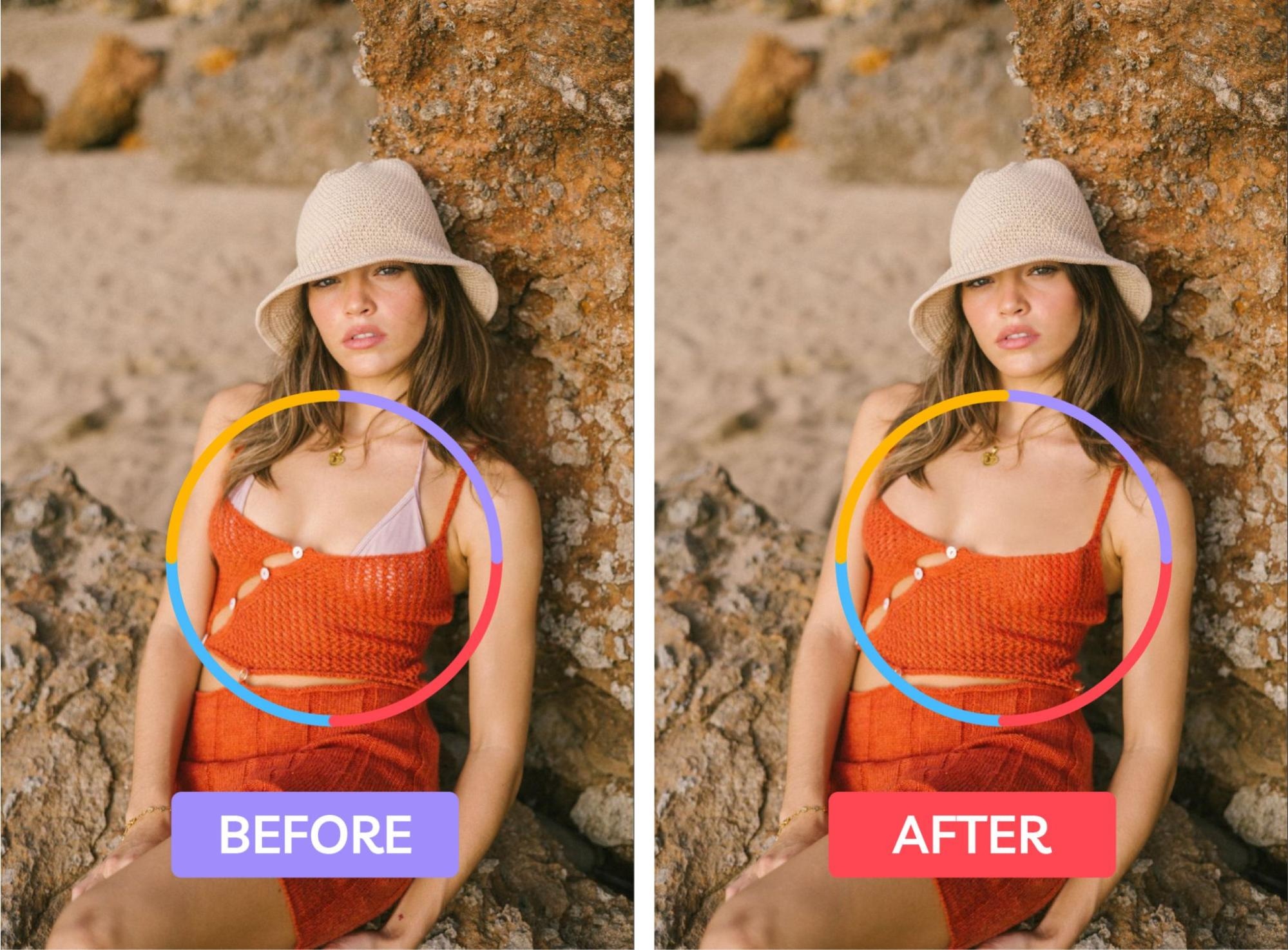 Side-by-side before and after retouching to remove visible undergarment in a fashion photo.