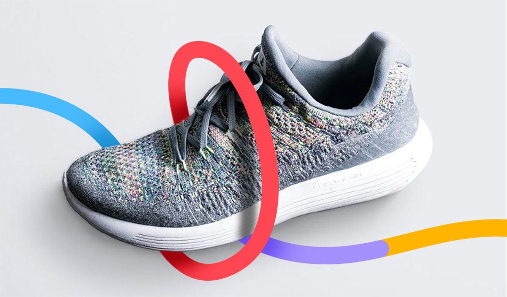 Gray knit sneaker product photo with soft shadow effect and colorful graphic overlay on light background.
