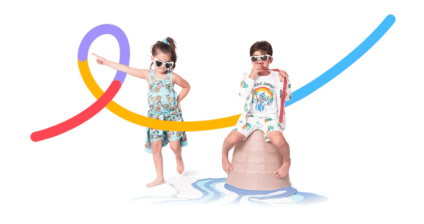 Two children in colorful outfits and sunglasses with a playful graphic overlay on white background.