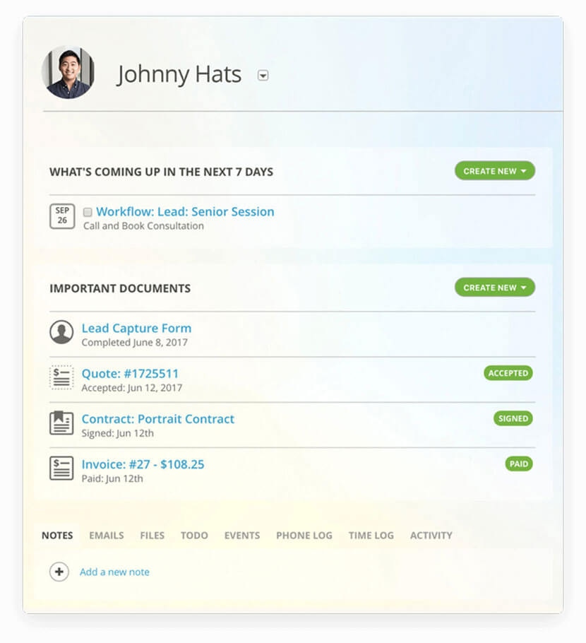 17hats client management dashboard showing upcoming tasks, important documents, and recent activity for Johnny Hats.