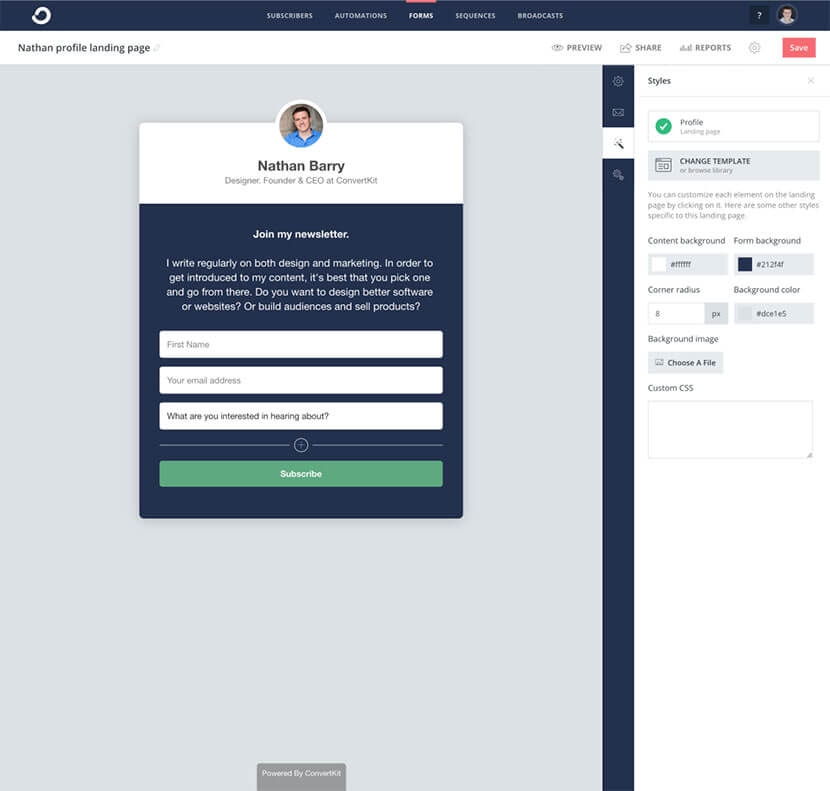 ConvertKit landing page with newsletter signup form for Nathan Barry, featuring custom background and form styles.