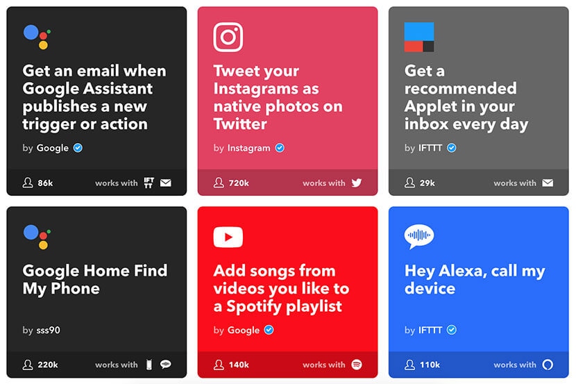 Collection of popular IFTTT applets for automating tasks on Google Assistant, Instagram, and Spotify.