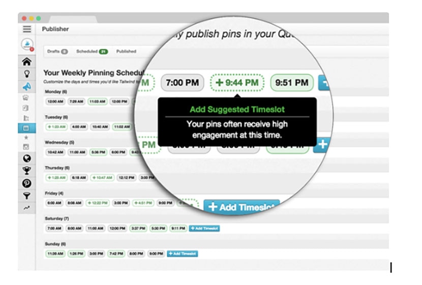 Tailwind dashboard showing a weekly pinning schedule with suggested times for high engagement.