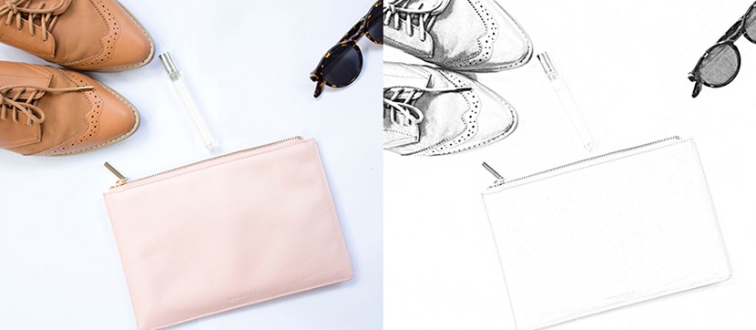 Flat lay of shoes, sunglasses, and pouch with color converted to outline sketch.