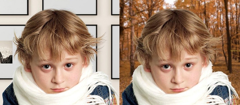 Side-by-side comparison of a child with an indoor background replaced by an autumn forest backdrop.