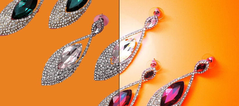Split view of earrings with original colors on the left and enhanced color correction on an orange background on the right.