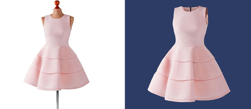 Pink sleeveless dress displayed with ghost mannequin effect against white and blue backgrounds.