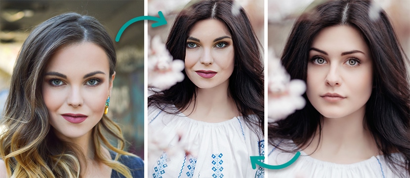 Side-by-side portrait retouching showing hair and makeup color correction on a woman with dark hair.