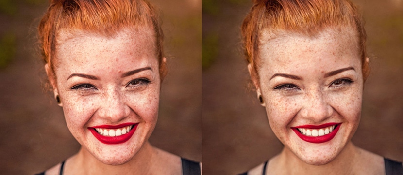 Side-by-side portrait comparison showing retouched skin and enhanced smile on a red-haired woman.