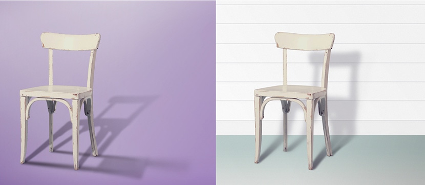 Vintage wooden chair on purple background, changed to white shiplap wall background.