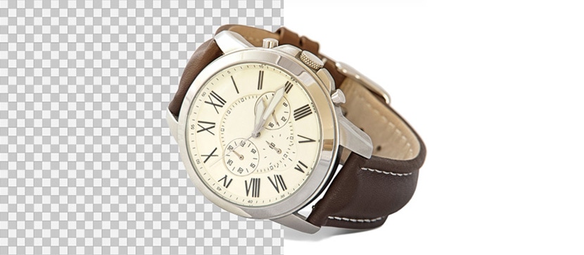 Close-up of a watch with a leather strap partially set on a transparent background, prepared for editing.