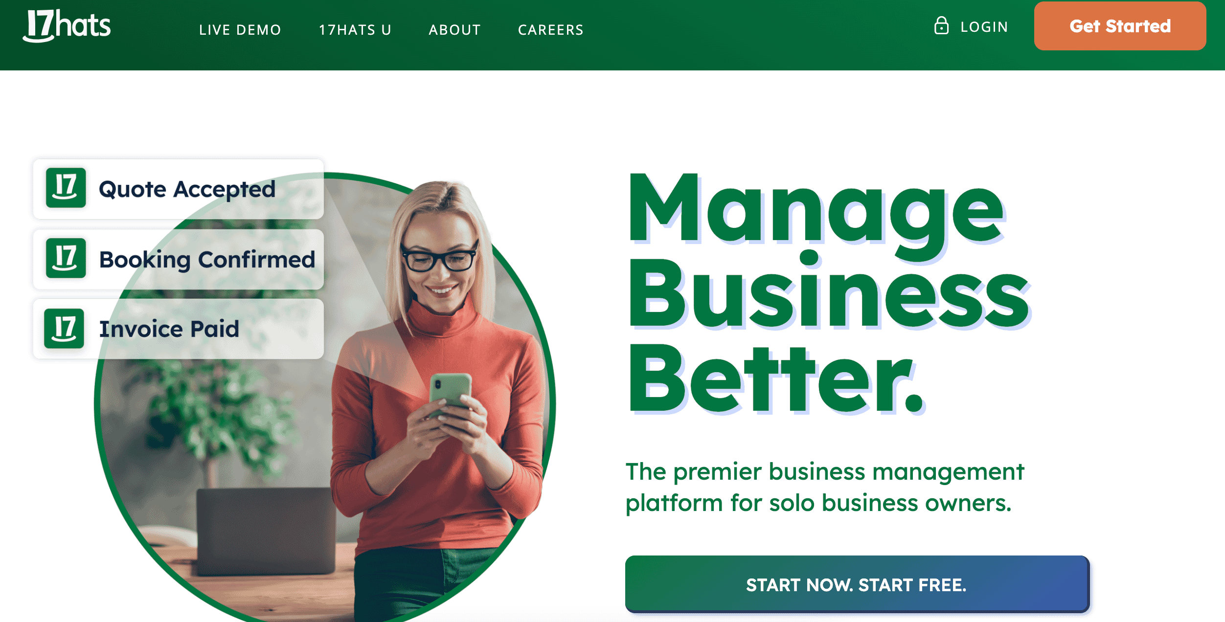 17hats platform homepage featuring tools for business management, including quote acceptance, booking confirmation, and invoicing.