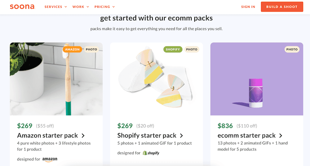 Overview of ecommerce photography starter packs for Amazon and Shopify, featuring product images and pricing details.