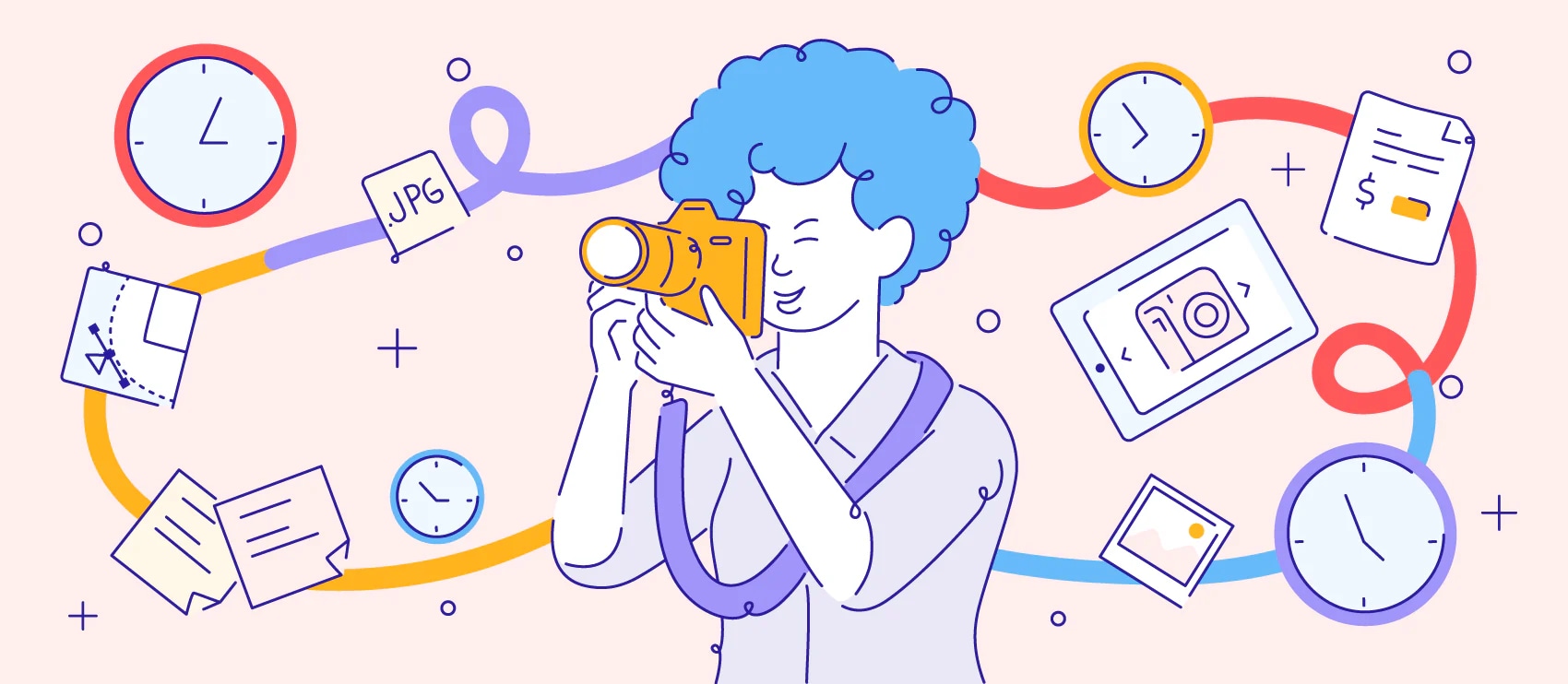 Illustration of photographer with camera, surrounded by clocks, files, and editing icons, symbolizing time management in workflow.