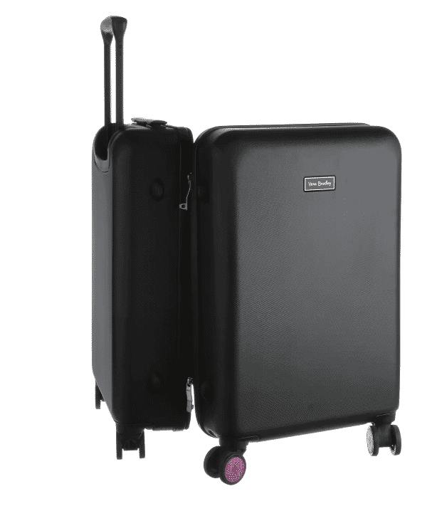 Black hard-shell suitcase with pink accent wheels and extended handle
