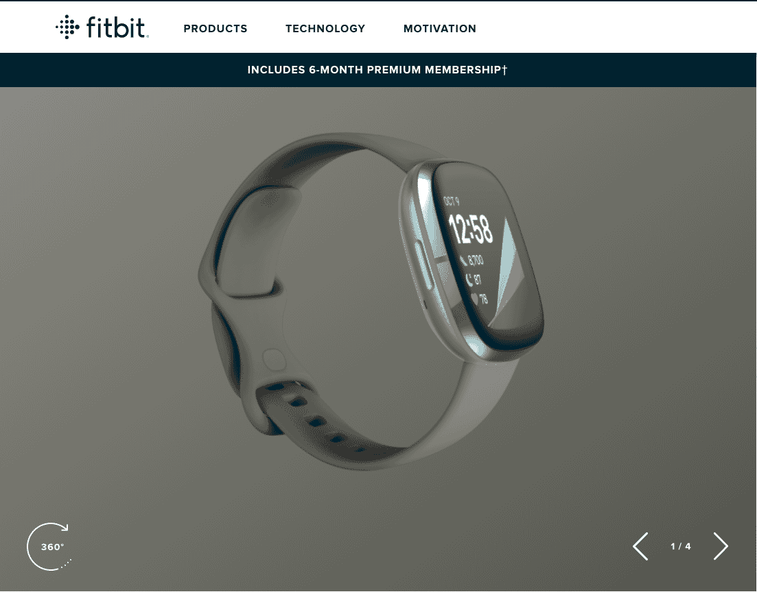 Fitbit smartwatch displayed in 360-degree view, showing health metrics on screen