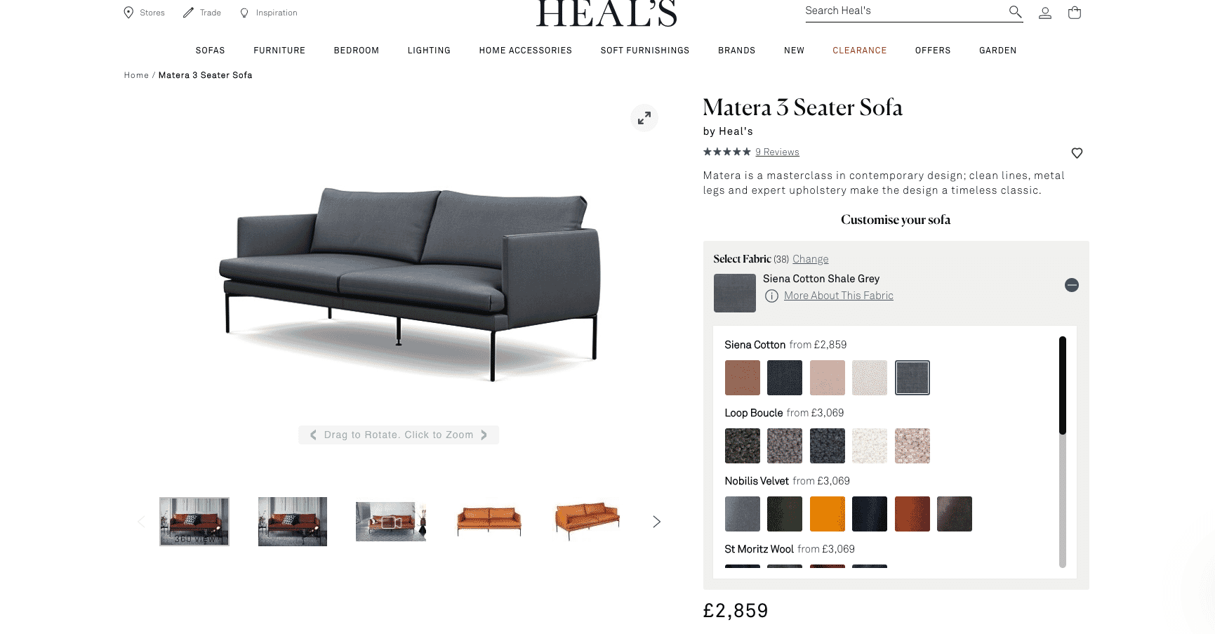 Heal's Matera 3-seater sofa in grey with customizable fabric options on product page