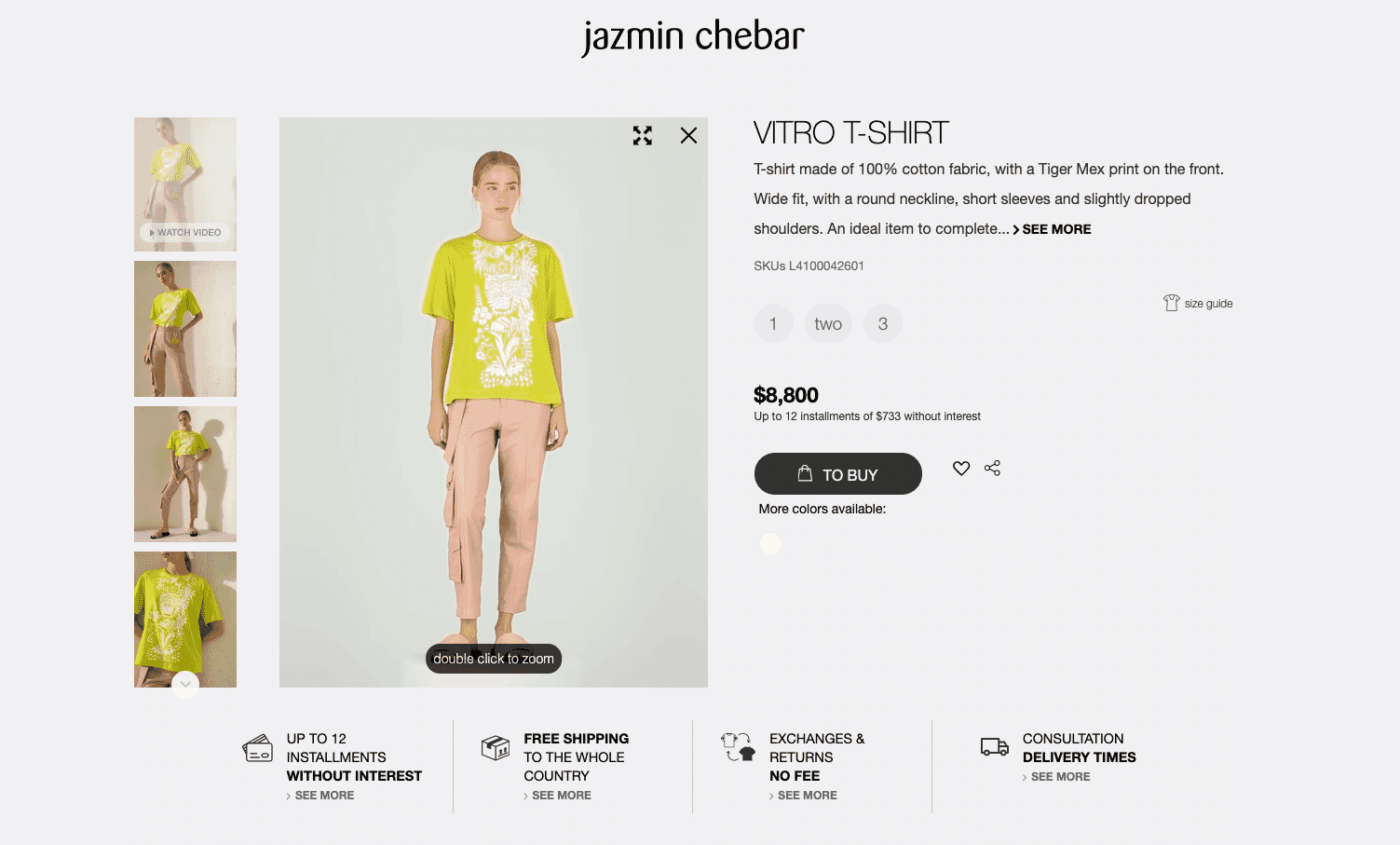Jazmin Chebar Vitro T-shirt with Tiger Mex print on product page, showing model in green top and pink pants