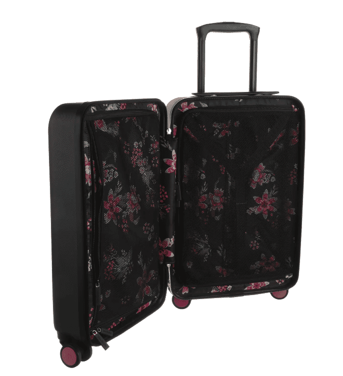 Open black hard-shell suitcase showing floral-patterned interior and pink accent wheels