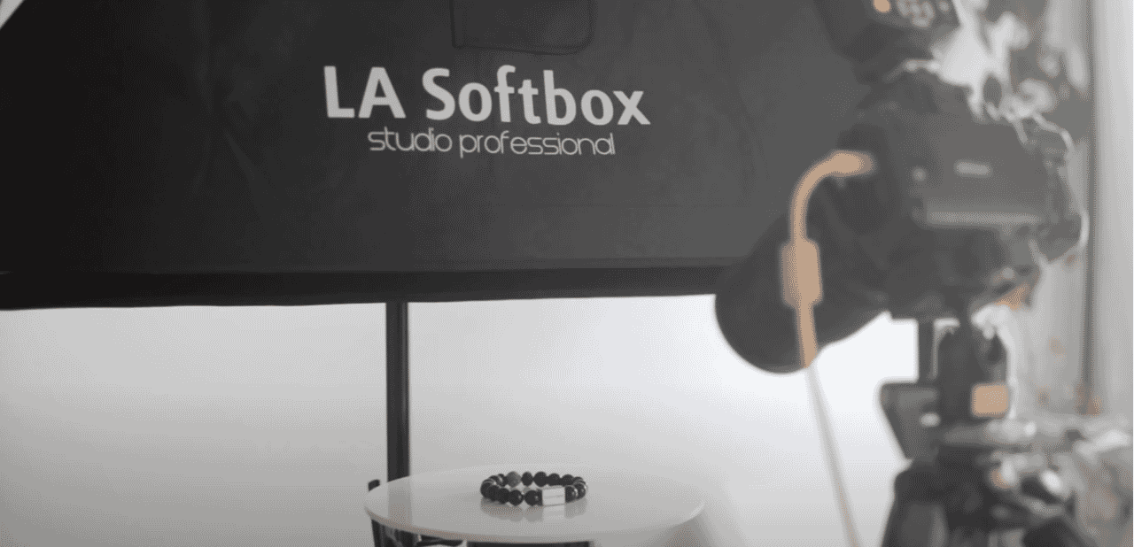 LA Softbox studio setup with camera for 360-degree product photography of bracelet