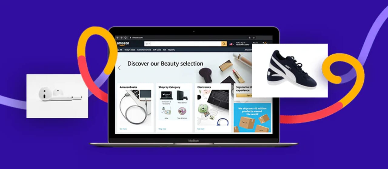 Banner showing Amazon product image guidelines for 2024 with various icons and a purple background