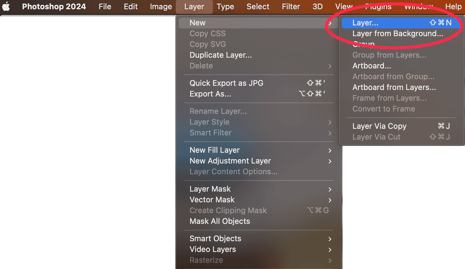 Photoshop 2024 layer menu with 'Layer' and 'Layer from Background' options highlighted in red