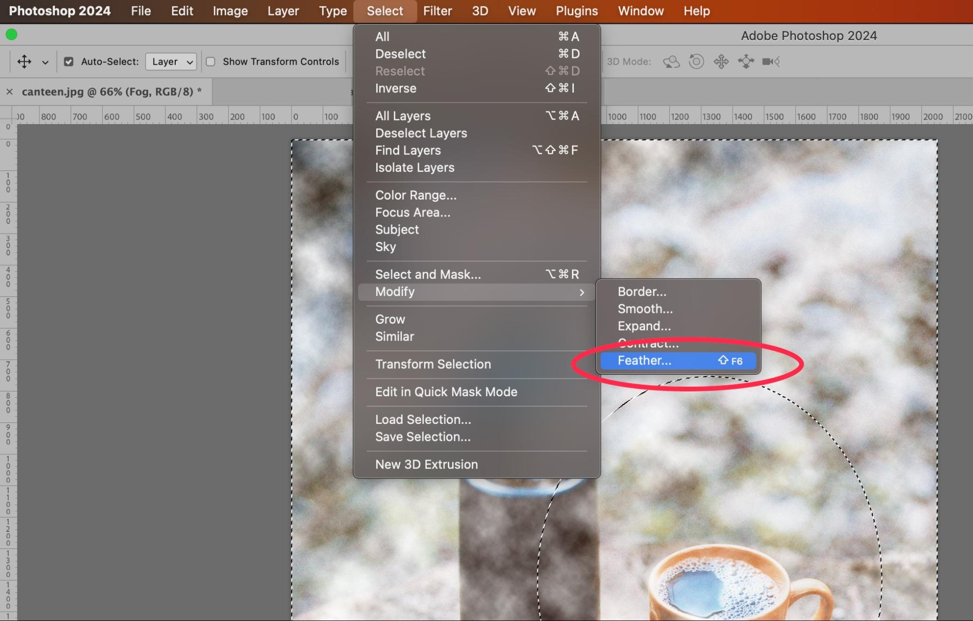 Photoshop selection menu with Feather option highlighted for smoothing edges in image editing