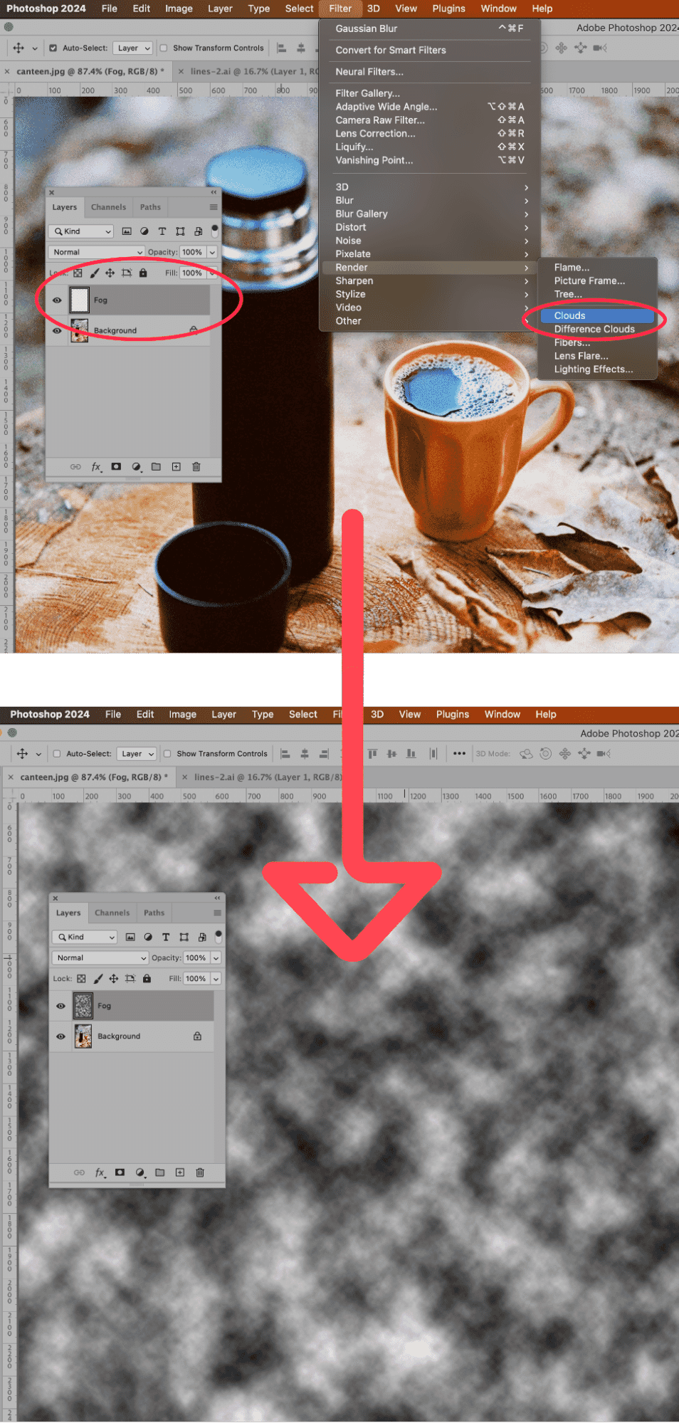 Photoshop interface showing the process of adding a fog effect with the Clouds filter in a new layer