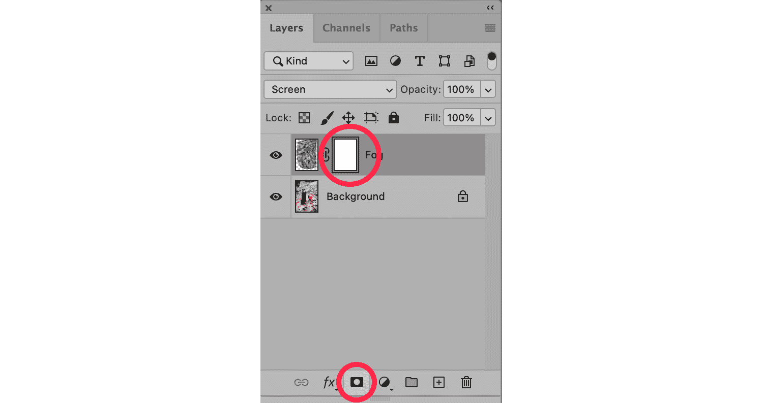 Photoshop layer panel with selected fog layer mask, indicated with red circles for guidance