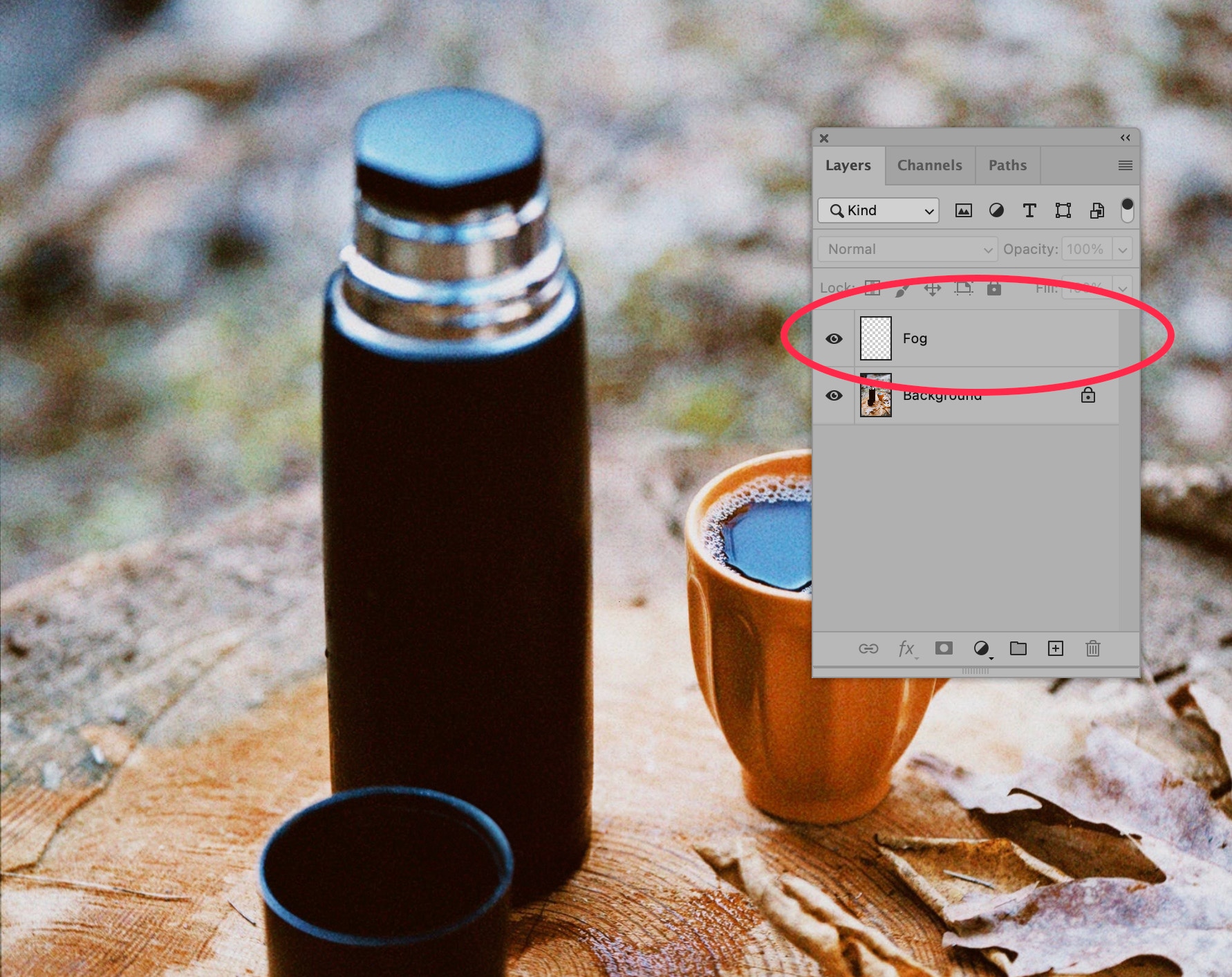 Photoshop layer panel showing 'Fog' layer highlighted, overlaid on an outdoor scene with a thermos and coffee cup