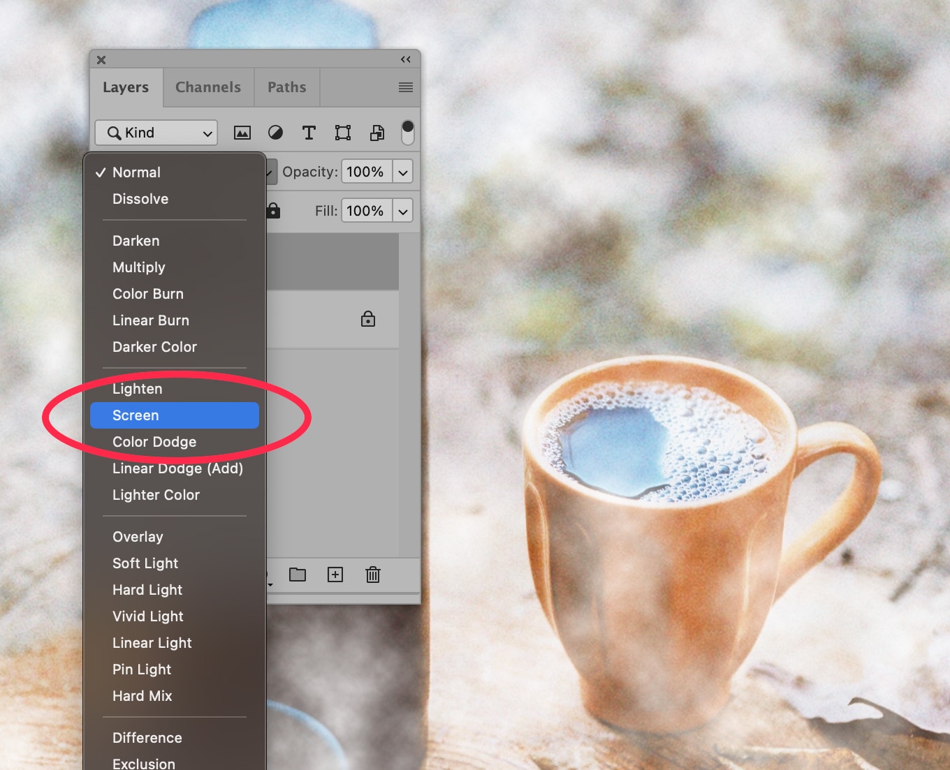 Photoshop Layers panel with Screen blending mode selected for a fog effect overlay on a coffee cup image