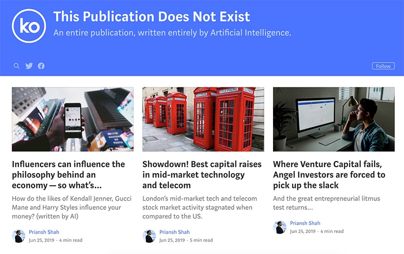 Medium blog with entirely AI-generated articles, highlighting limitations in automated copywriting accuracy.